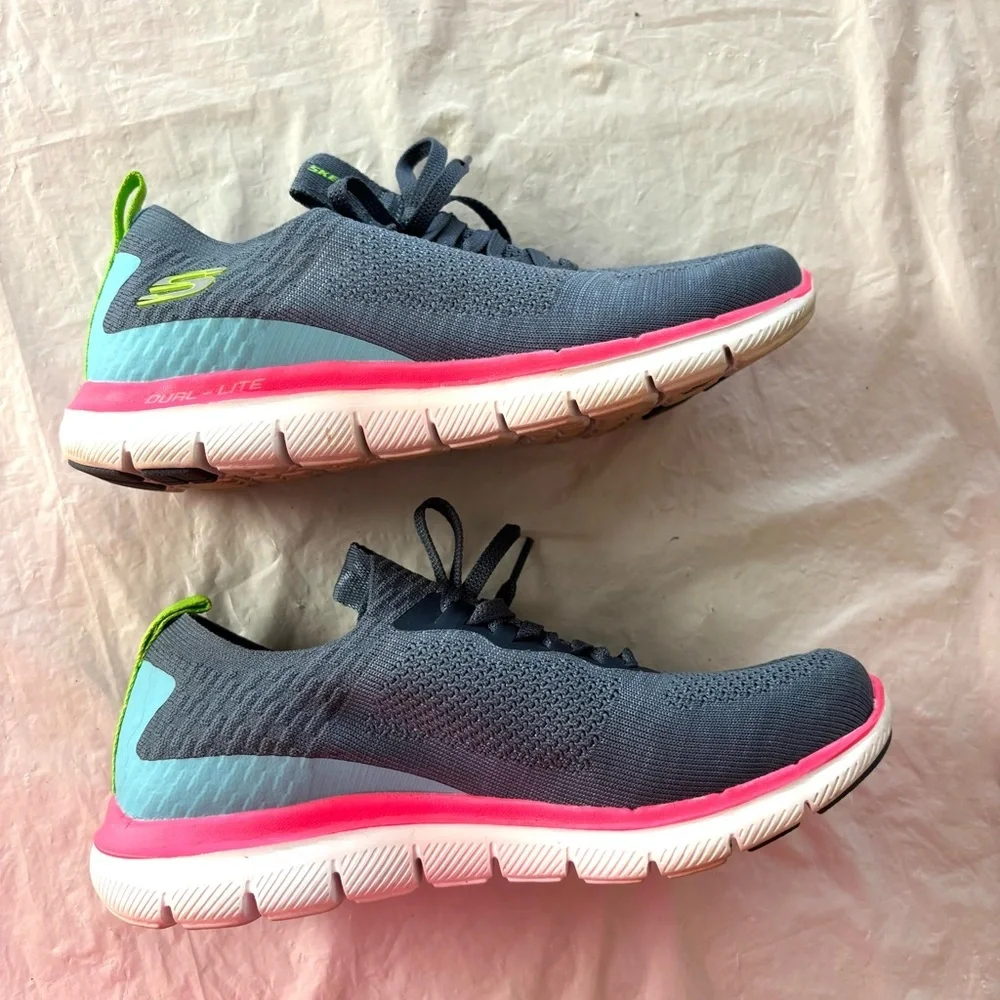 Skechers Flex Appeal 2.0 Stretch Knit Slip-On Sneakers blue pink SZ 6.5 Worn 1X
